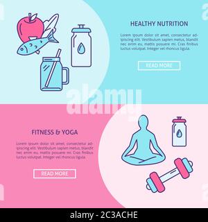 Healthy lifestyle concept flyers template in line style. Nutrition and fitness symbols. Vector illustration. Stock Vector