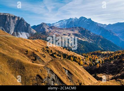 Autumn alpine Dolomites rocky  mountain scene, Sudtirol, Italy. Peaceful view near Sella Pass. Stock Photo