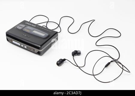 March 5, 2019 - Rome, Lazio, Italy - The original sony walkman, vintage portable cassette player, icon and symbol of the 80s and 90s. headphones isola Stock Photo