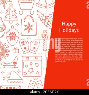 Happy holidays banner template in line style with place for text. Background with Christmas and New Year symbols. Vector illustration. Stock Vector
