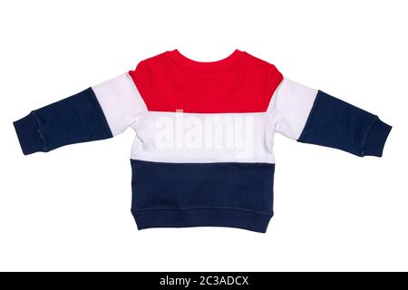 Spring and autumn children clothes. A red white blue striped cozy warm sweater or pullover isolated on a white background. Winter fashion for child bo Stock Photo