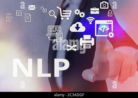 Conceptual hand writing showing Nlp. Concept meaning psychological approach involves analyzing strategies to reach a goal Stock Photo