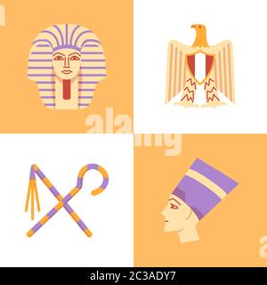 Egypt icon set in flat style. National symbols collection - pharaoh, golden eagle, Nefertiti, crook and flail. Vector illustration. Stock Vector