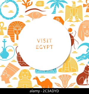 Visit Egypt concept background in flat style. Banner with national country symbols. Vector illustration with place for text. Stock Vector