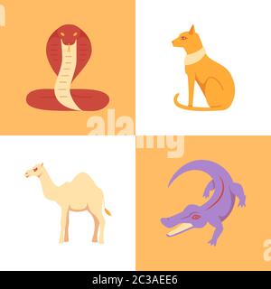 Egypt sacred animal icons set in flat style. Traditional country symbols. Vector illustration. Stock Vector