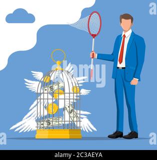 Businessman with butterfly net and cage chasing money. Dollar banknotes and gold coins with wings in birdcage. Concept of success career growth. Achievement and goal. Flat vector illustration Stock Vector