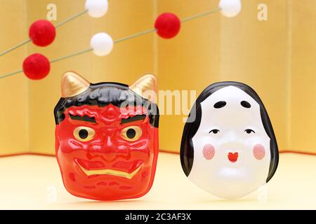 Japanese traditional Setsubun event, Masks of demon and okame are used on an annual event Stock Photo