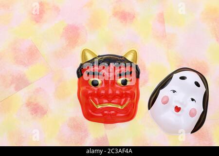 Japanese traditional Setsubun event, Masks of demon and okame are used on an annual event Stock Photo