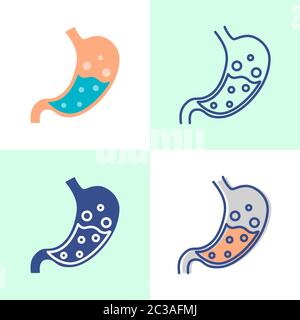 Stomach with bloating icon set in flat and line style. Digestive problem symbol collection. Medical vector illustration. Stock Vector