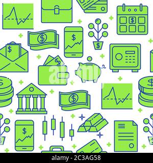 Finance and money seamless pattern in colored line style. Banking and investment activities symbols. Financial repeating background. Vector illustrati Stock Vector
