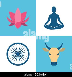India culture icons set in flat style. Lotus flower, yoga, Ashoka Chakra wheel and cow symbols. Vector illustration. Stock Vector