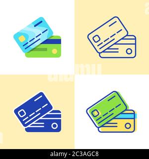 Bank card icon set in flat and line style. Credit or debit card symbol. Financial vector illustration. Stock Vector
