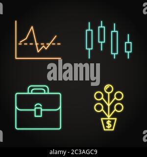 Investment activities icon set in neon line style. Stock market symbols collection. Vector illustration. Stock Vector