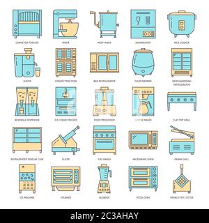Restaurant kitchen equipment icon set in line style. Commercial cooking appliances symbols collection. Vector illustration with editable stroke. Stock Vector