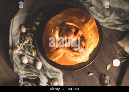 Easter folar with egg on wooden table top. Stock Photo