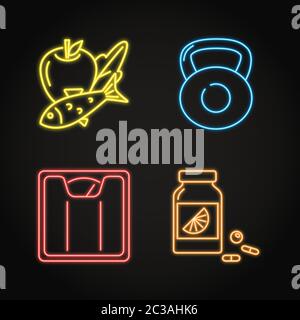 Healthy lifestyle concept neon icons set. Vector illustration. Stock Vector
