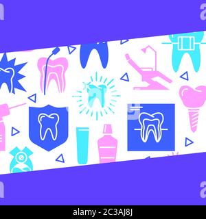 Dental clinic banner template in flat style. Teeth care center background. Stomatology and orthodontics symbols. Medical vector illustration. Stock Vector
