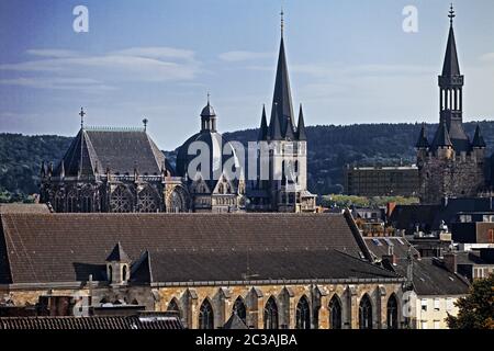 Towers of the cathedral and town hall over the roofs of the city, Aachen, Germany, Europe Stock Photo