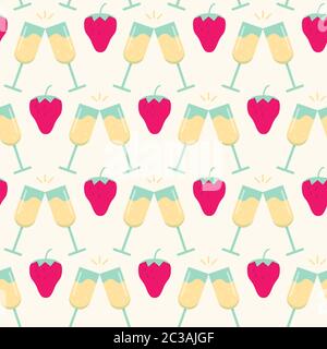 Seamless pattern with strawberry and cocktail or champagne glasses in flat style. Vector repeating texture. Stock Vector