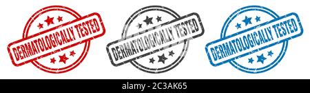 dermatologically tested stamp. dermatologically tested round isolated sign. dermatologically tested label set Stock Vector