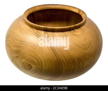 Deep hand-turned dark oak wood bowl isolated on white Stock Photo