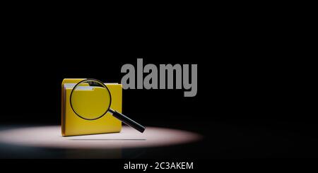 Yellow Document Folder with Magnifier Spotlighted on Black Background with Copy Space 3D Illustration Stock Photo