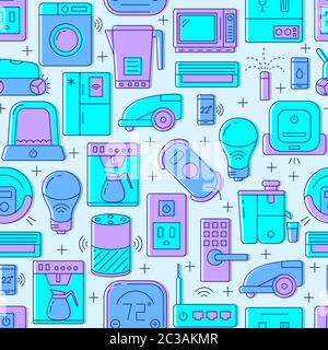 Smart home seamless pattern with automated things. Repeating wallpaper with home robotic icons. Vector illustration. Stock Vector