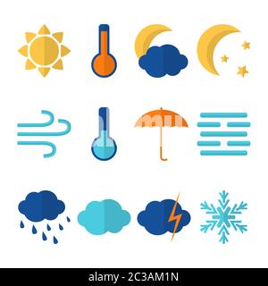 Flat style weather icons set. Symbols of sun, moon, clouds and more. Vector illustration. Stock Vector