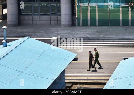 Panmunjom, North Korea - May 5, 2019: Soldiers of the UN peacekeepers are at a road in the demilitarized zone between south and north korea Stock Photo