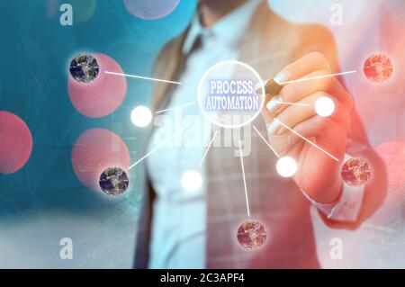 Conceptual hand writing showing Process Automation. Concept meaning the use of technology to automate business actions Elements of this image furnishe Stock Photo