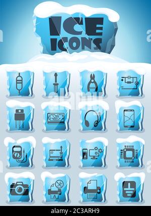 electronics repair vector icons frozen in transparent blocks of ice ...