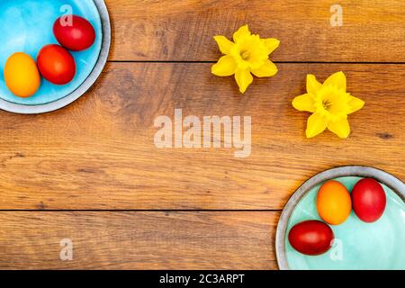 Six colourful Easter eggs on two plates in pastel colours and two daffodils on vintage reclaimed oak background, top view Stock Photo