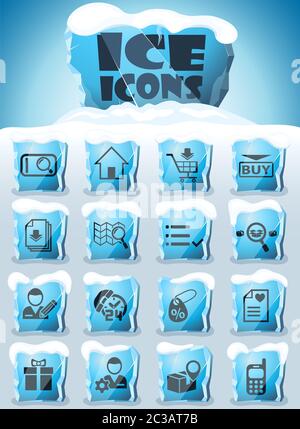 e-commerce interface vector icons frozen in transparent blocks of ice Stock Photo