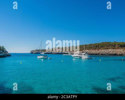 Mondragó Natural Park Mallorca Spain June 1 2019 yachts and pleasure craft moored in the bay looking out into the mediterranean sea Stock Photo