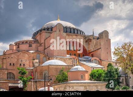 Istambul, Turkey – 07.12.2019. Hagia Sophia museum in Sultan Ahmed Park, Istanbul, Turkey, on a cloudy summer day Stock Photo