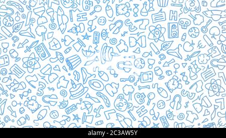 Blue cartoon hand drawn hippie doodles seamless pattern. Line art detailed, with lots of objects vector background. black on white background. 2d illu Stock Photo