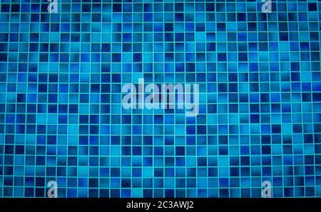 Blue tile pattern of swimming pool tiles. Pool tiles texture background. Clean water with swimming pool mosaic tiles floor. Modern pattern of tiny squ Stock Photo