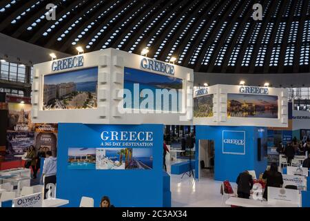 BELGRADE, SERBIA - FEBRUARY 24, 2019: Stand in Belgrade promoting Greece as a touristic destination held by the Greek tourism organization, in charge Stock Photo