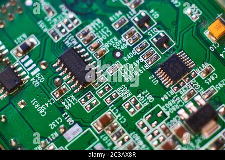 printed circuit Board with chips and radio components electronics Stock Photo
