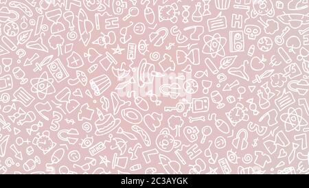 Red cartoon hand drawn hippie doodles seamless pattern. Line art detailed, with lots of objects vector background. black on white background. 2d illus Stock Photo
