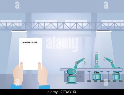 Dismissal of work in industry concept. Emloyee is holding Dismissal Lettr in his hands. Interior of industrial hall with the assembly line of robots i Stock Photo