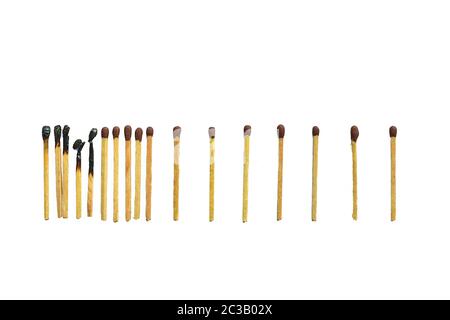 matchsticks burnt in row as sequence while one match stay down from burning to avoid fire connecting against white background, social stop pandemic co Stock Photo