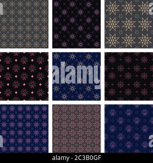 Set of 9 seamless patterns. Colorful stars on a dark background. Repeatable and decorative. Stock Vector