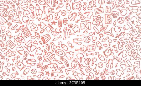 Red cartoon hand drawn hippie doodles seamless pattern. Line art detailed, with lots of objects vector background. black on white background. 2d illus Stock Photo