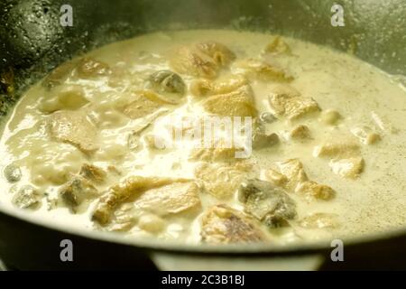 Fried pieces of chicken with mushrooms, in milk in a cup, aromatic lunch Stock Photo