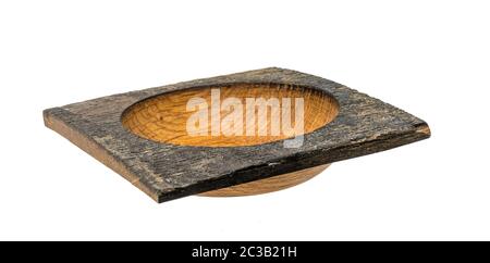 Hand-turned dark oak wooden bowl in square shape isolated on white Stock Photo