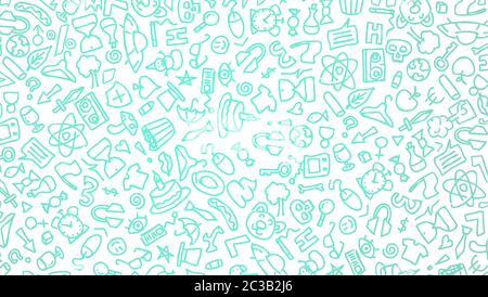 Azure cartoon hand drawn hippie doodles seamless pattern. Line art detailed, with lots of objects vector background. black on white background. 2d ill Stock Photo