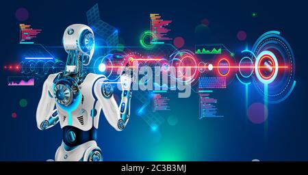 Robot or humanoid cyborg working with abstract tech hologram interface. Futuristic AI in industry 4.0 develops industrial virtual drawings details Stock Vector