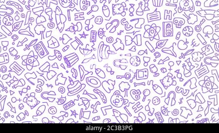 Violet cartoon hand drawn hippie doodles seamless pattern. Line art detailed, with lots of objects vector background. black on white background. 2d il Stock Photo