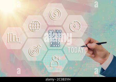 Text sign showing 80 Or 20 Rule. Business photo text law of the vital few as effect roughly resulted from a cause Stock Photo